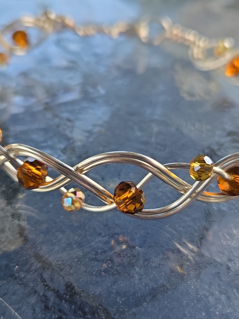 Hand Crafted Wire Braided Bangle Bracelet Amber 9.5” - Picture 2 of 15